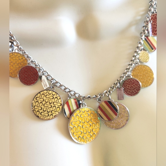 COACH Rare HTF Chunky Silver Metal Logo Yellow GOLD Charm CC Toggle Necklace - Picture 10 of 12